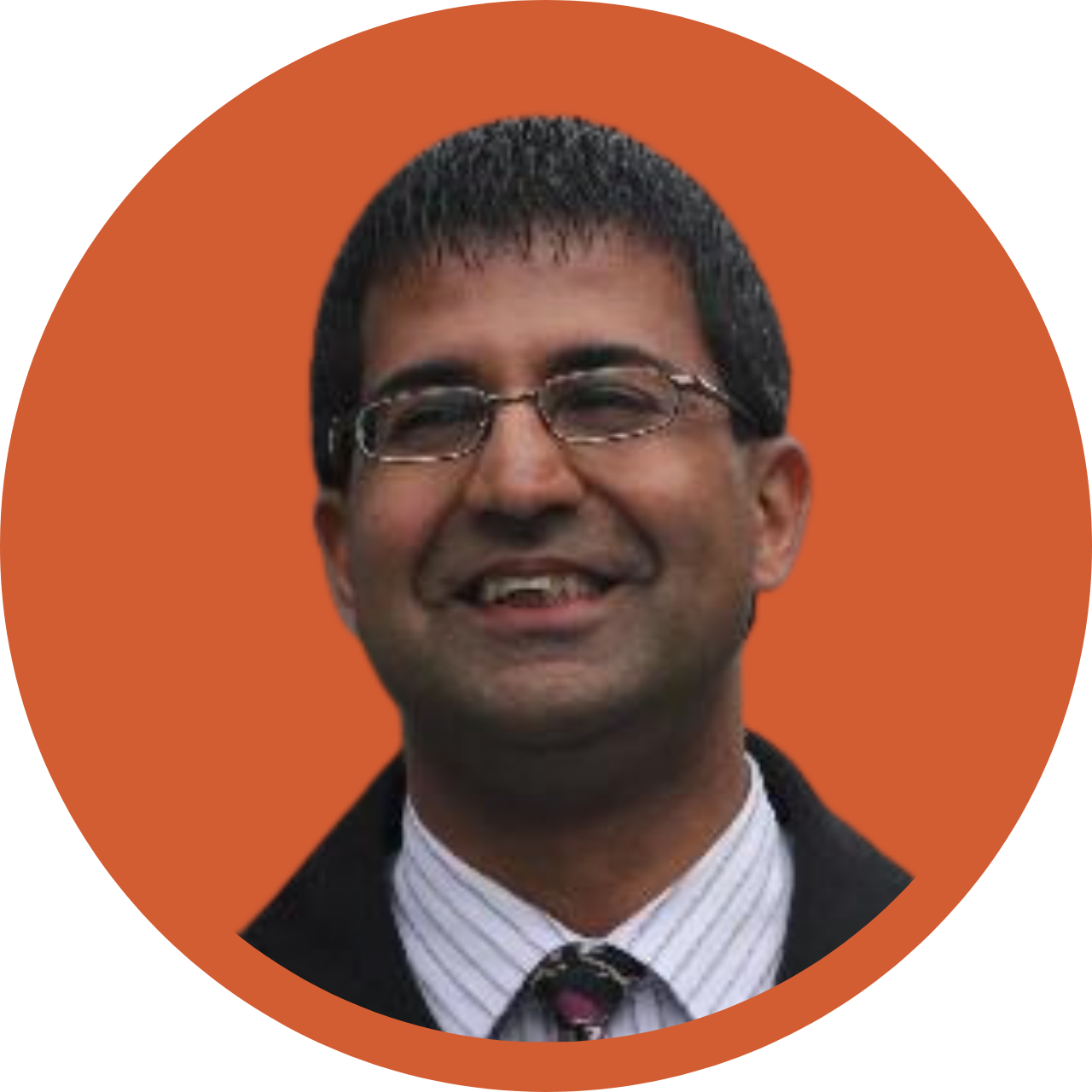 Man with glasses in orange circle