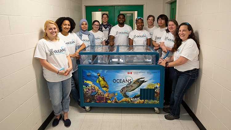 Members of X-Oceans around a touch-tank