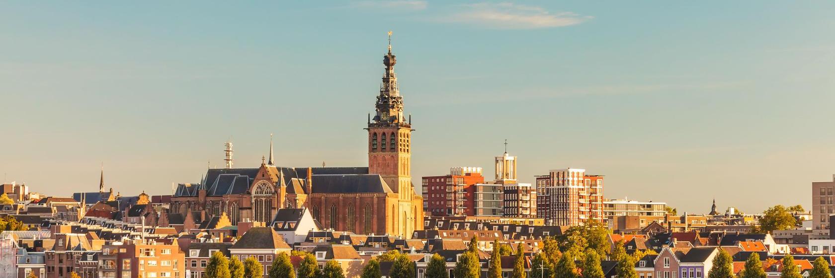 A view of a city with tall buildings.