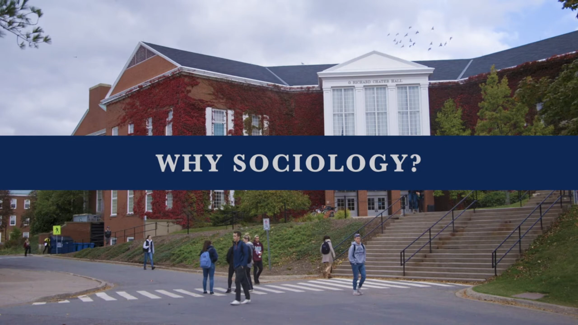 StFX Campus facing Library with "Why Sociology" written on the screen