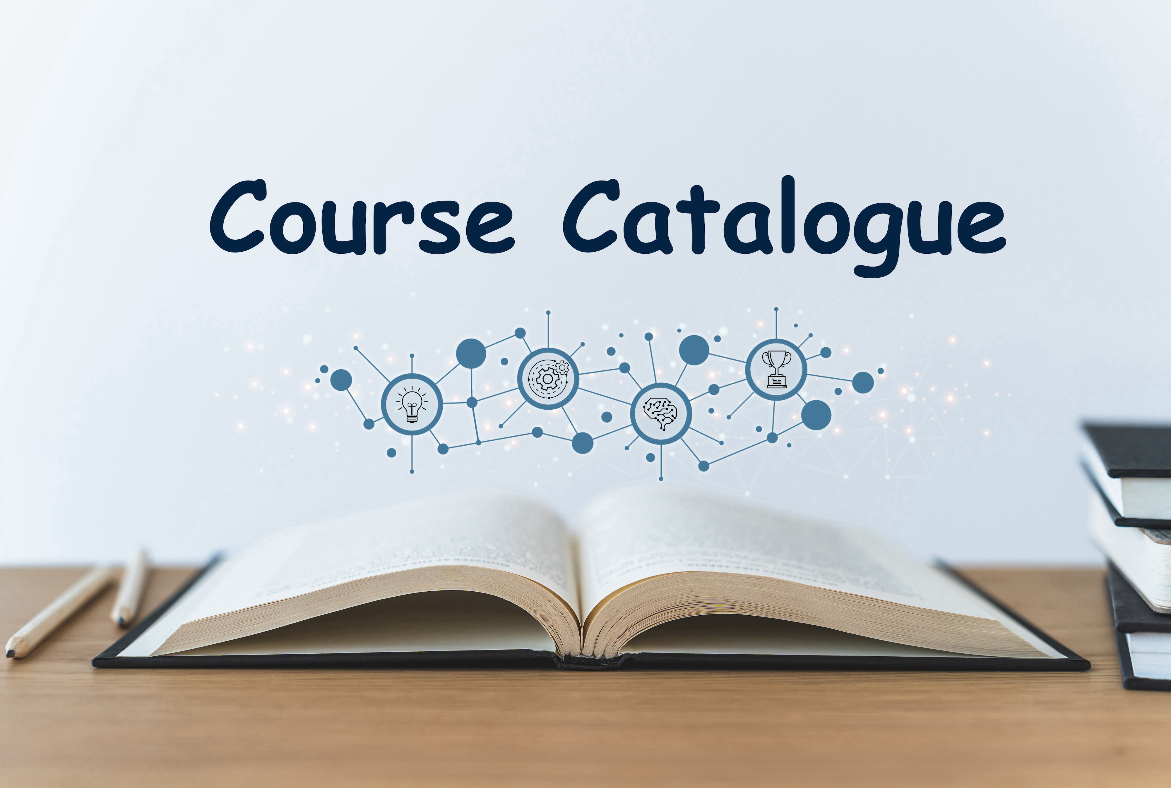Course Catalogue 150 / 5.000 Resultados de tradução Resultado da tradução An open book on a table, above the book there is the title Course Catalog written along with several connected icons representing the studies.