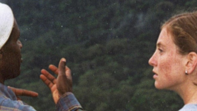 Two students talking in the forest