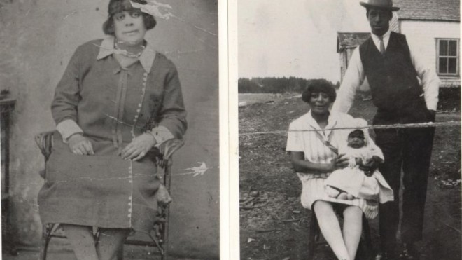 Portraits of a woman alongside a portrait of a mother, father and child from African communities in Eastern Nova Scotia. 