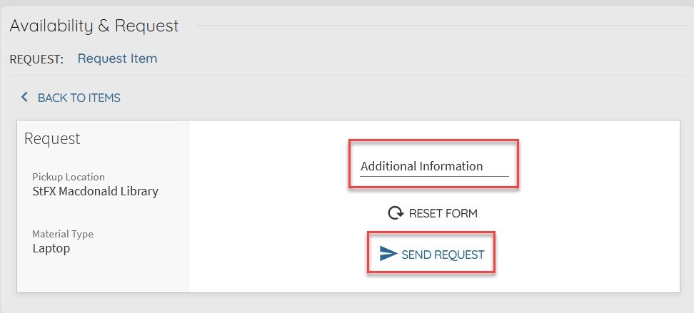 Highlighted location of the additional information box and submit request links.