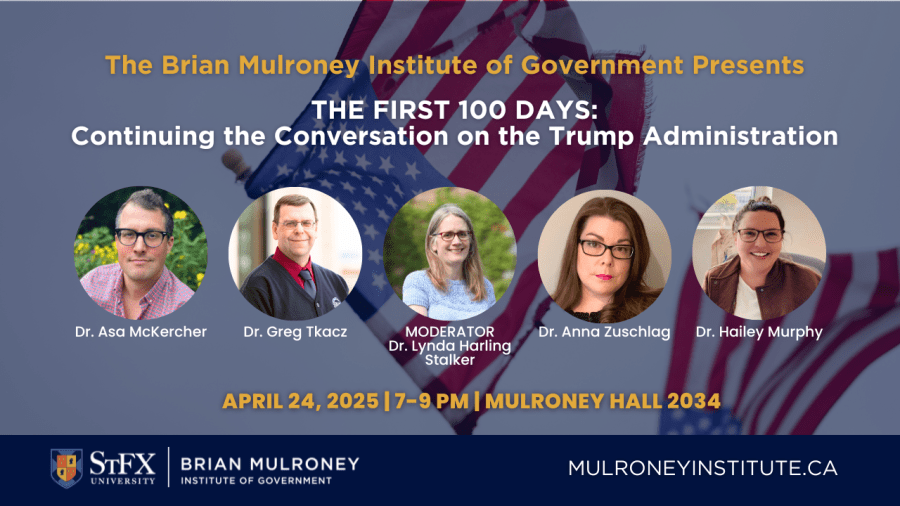 Two US flags in background with 5 panelist photos in front (two men and three females).