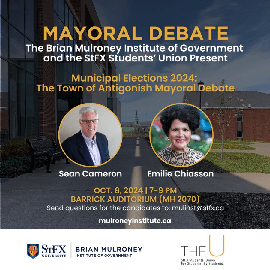 Buildings in the background with inset photos of a man and a woman.