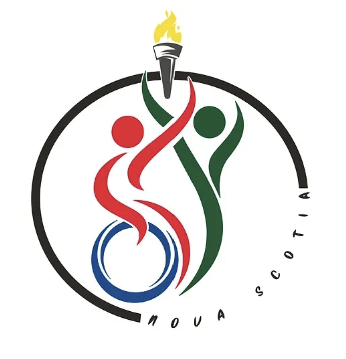 Two red and green figures in wheelchairs holding a flame