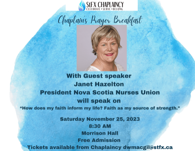 Informational graphic for Chaplain's Prayer Breakfast with Janet Hazelton