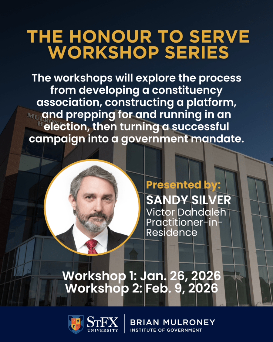 Modern building in the background with headshot of man in suit and tie with text overlaying the background.