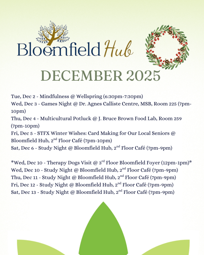 Light green background with text outlining Bloomfield Hub December 2025 Calendar of Events