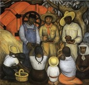 Painting showing parents and children sitting in the camp